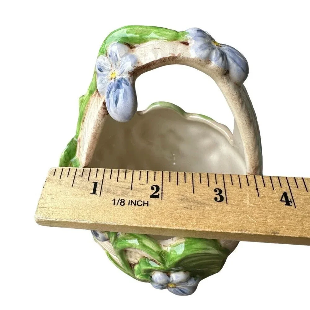 Vintage Artisan‎ Easter Spring Basket 5.5 Inch Ceramic Blue Flowers Green Leaves